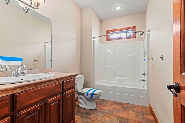 1602 E Fairwind, Ozark, MO 65721 - bathroom featuring toilet, stone finish flooring, vanity, shower / bathtub combination, and baseboards