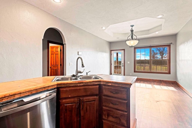 1602 E Fairwind, Ozark, MO 65721 - kitchen with dishwasher, a sink, a raised ceiling, light countertops, and a textured ceiling