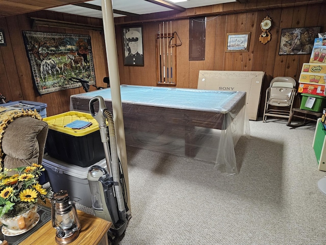 1100 County Road 8270, West Plains, MO 65775 - rec room featuring wooden walls, pool table, carpet flooring, and washer / dryer