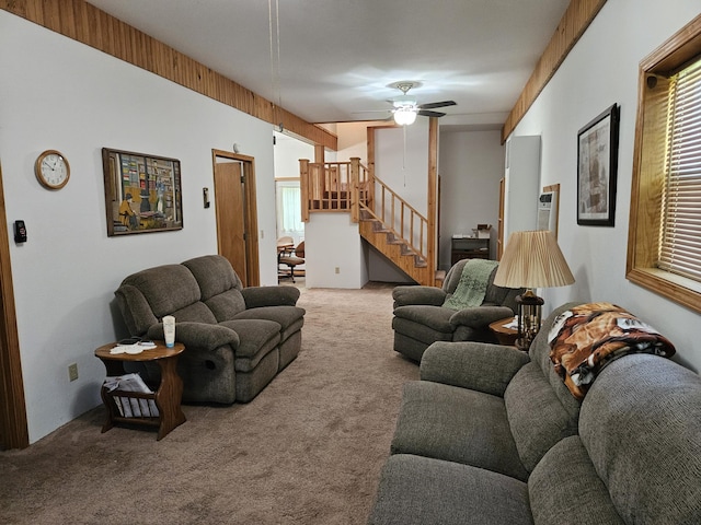 1100 County Road 8270, West Plains, MO 65775 - living area featuring carpet flooring, stairway, ceiling fan, and plenty of natural light