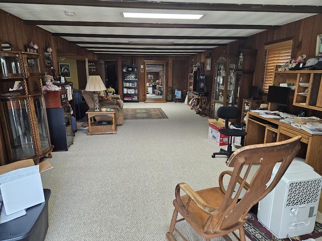 1100 County Road 8270, West Plains, MO 65775 - miscellaneous room featuring wood walls, a desk, beam ceiling, and carpet flooring
