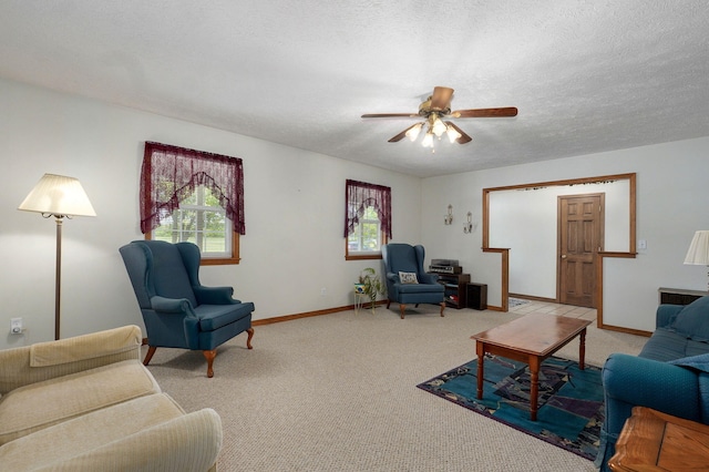 13860 Lawrence Unit 1158, Mount Vernon, MO 65712 - living area with baseboards, ceiling fan, light carpet, and a textured ceiling