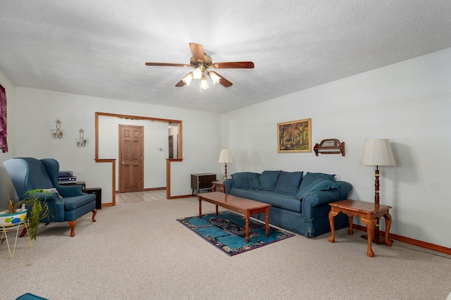 13860 Lawrence Unit 1158, Mount Vernon, MO 65712 - living room featuring carpet, ceiling fan, baseboards, and a textured ceiling