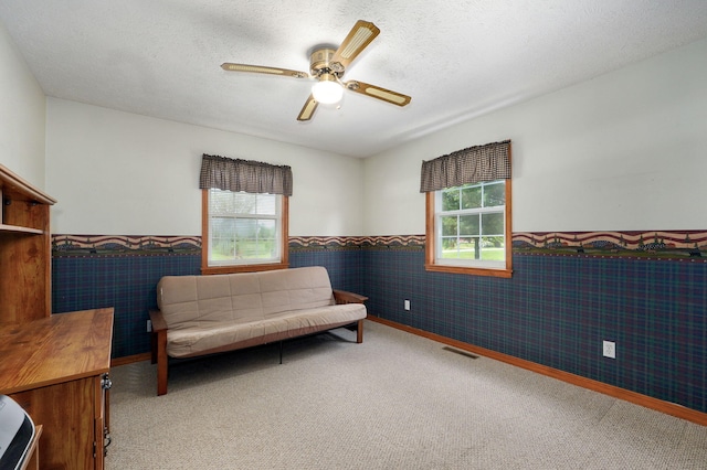 13860 Lawrence Unit 1158, Mount Vernon, MO 65712 - living area with a wainscoted wall, carpet, a ceiling fan, and a textured ceiling