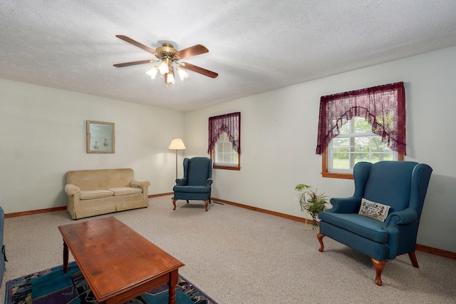 13860 Lawrence Unit 1158, Mount Vernon, MO 65712 - living room with carpet floors, a ceiling fan, baseboards, and a textured ceiling