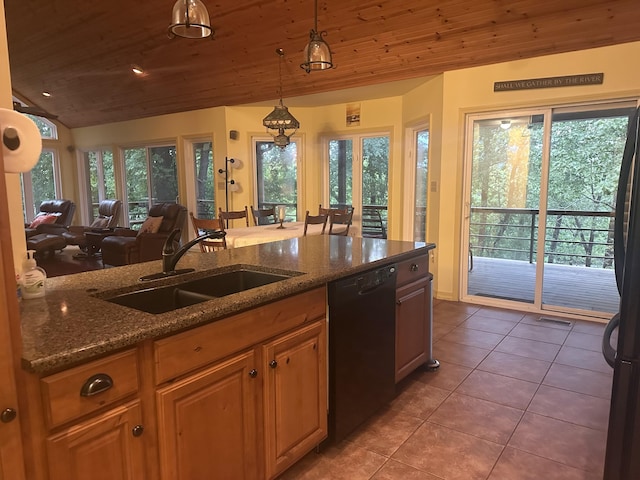 136 Riverview Dr, Mammoth Spring, AR 72554 - kitchen featuring black dishwasher, a sink, vaulted ceiling, light tile patterned floors, and wooden ceiling