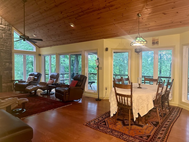 136 Riverview Dr, Mammoth Spring, AR 72554 - dining space with wood ceiling, wood finished floors, ceiling fan, vaulted ceiling, and baseboards