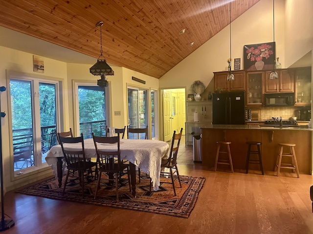 136 Riverview Dr, Mammoth Spring, AR 72554 - dining space featuring high vaulted ceiling, light wood-type flooring, and wood ceiling