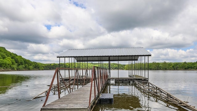 dock featuring a water view and a wooded view