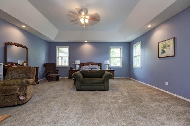 904 W Crater Cir, Nixa, MO 65714 - carpeted bedroom with a raised ceiling, baseboards, a ceiling fan, and recessed lighting