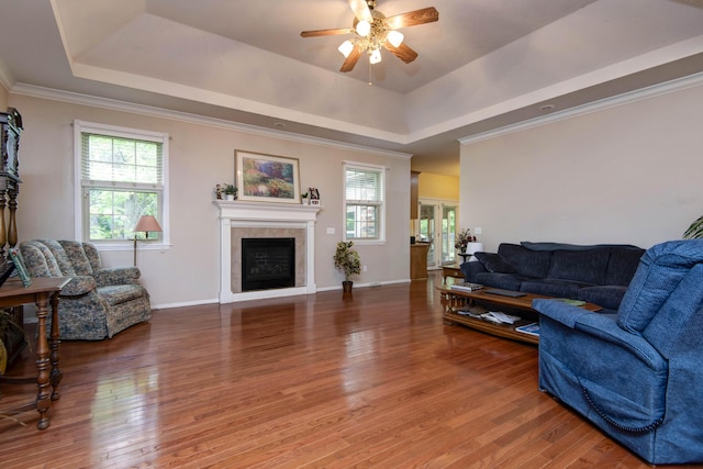 904 W Crater Cir, Nixa, MO 65714 - living area with a tray ceiling, ceiling fan, wood finished floors, a fireplace, and ornamental molding