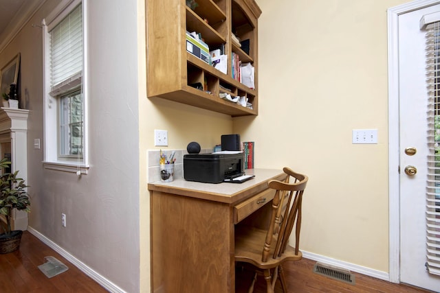 904 W Crater Cir, Nixa, MO 65714 - office space featuring dark wood finished floors, baseboards, and built in desk