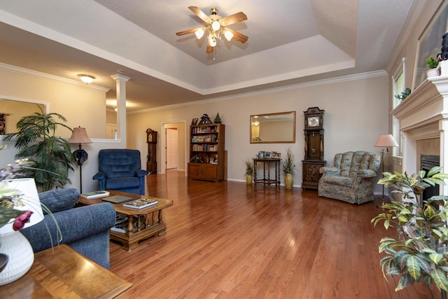 904 W Crater Cir, Nixa, MO 65714 - living area featuring a raised ceiling, ceiling fan, light wood-style flooring, baseboards, and crown molding