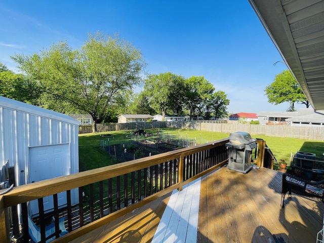 wooden terrace with grilling area and a garden