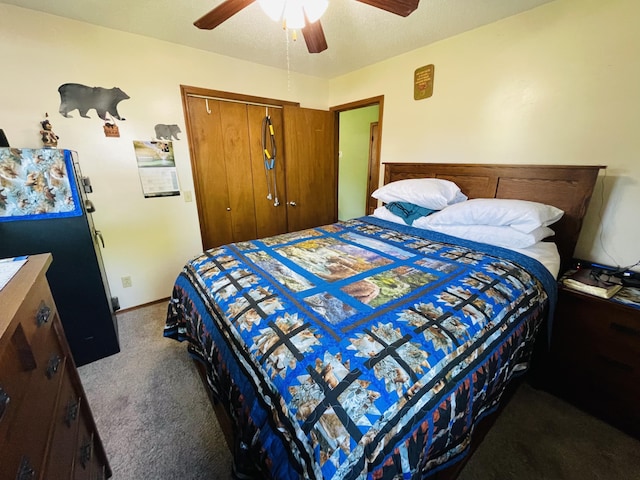 bedroom featuring carpet flooring, a closet, ceiling fan, and baseboards