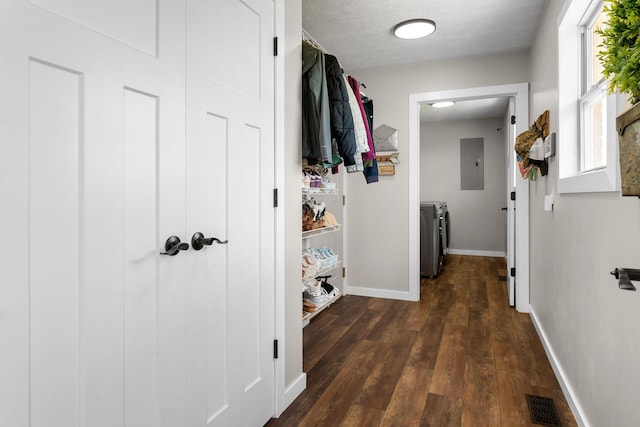 5376 S 140th Rd, Morrisville, MO 65710 - hallway with washer and dryer, baseboards, dark wood-style floors, and electric panel