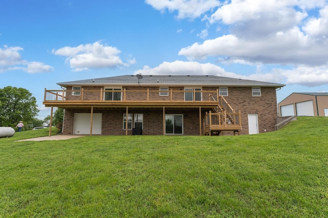 5376 S 140th Rd, Morrisville, MO 65710 - rear view of property featuring a wooden deck, brick siding, stairs, a lawn, and an attached garage