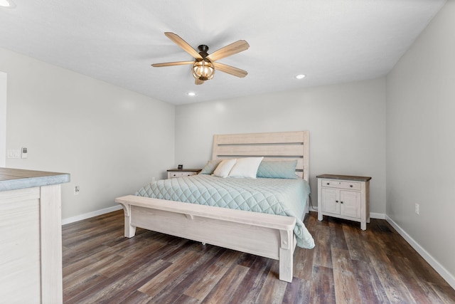 5376 S 140th Rd, Morrisville, MO 65710 - bedroom featuring dark wood-type flooring, baseboards, recessed lighting, and ceiling fan