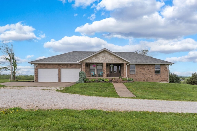 5376 S 140th Rd, Morrisville, MO 65710 - ranch-style home featuring driveway, a porch, brick siding, a front lawn, and a garage