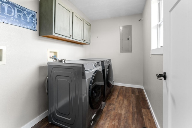 5376 S 140th Rd, Morrisville, MO 65710 - washroom featuring electric panel, cabinet space, washing machine and clothes dryer, dark wood-style floors, and baseboards