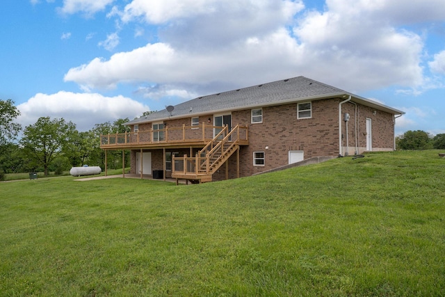 5376 S 140th Rd, Morrisville, MO 65710 - back of property featuring a wooden deck, brick siding, a yard, stairway, and a shingled roof