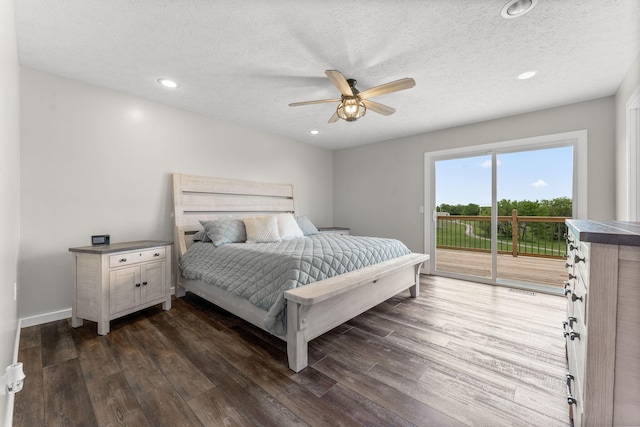 5376 S 140th Rd, Morrisville, MO 65710 - bedroom with access to exterior, dark wood-type flooring, recessed lighting, a textured ceiling, and ceiling fan