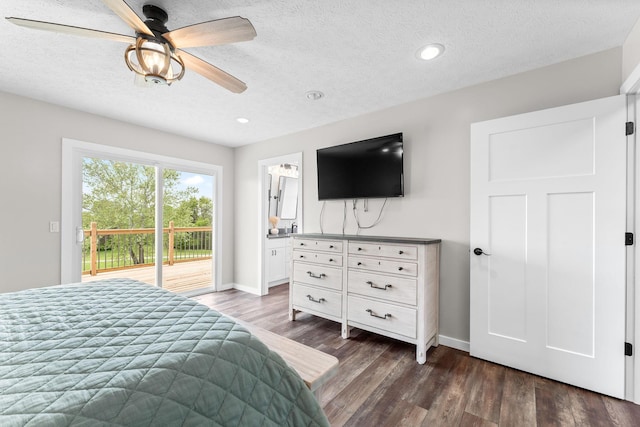 5376 S 140th Rd, Morrisville, MO 65710 - bedroom with access to exterior, baseboards, a textured ceiling, dark wood-style flooring, and recessed lighting