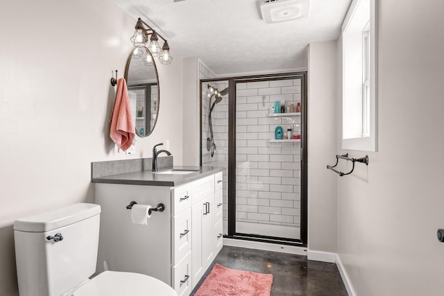 5376 S 140th Rd, Morrisville, MO 65710 - full bathroom featuring concrete flooring, a textured ceiling, a shower stall, toilet, and vanity