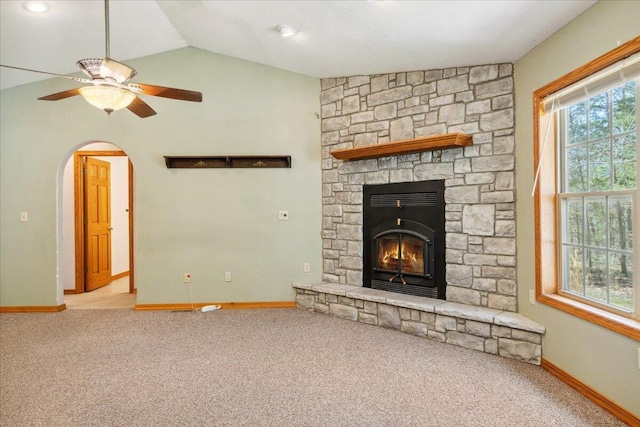 580 Cedar Hill Ln, Marshfield, MO 65706 - unfurnished living room featuring vaulted ceiling, carpet, a fireplace, baseboards, and ceiling fan