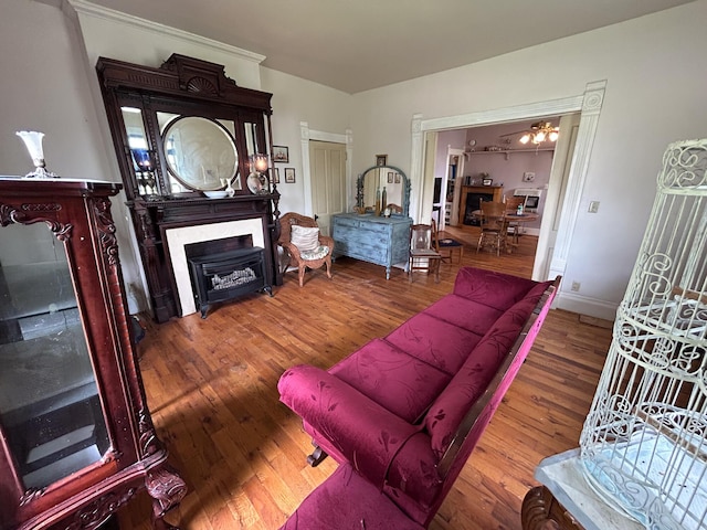 living room with wood finished floors and a fireplace