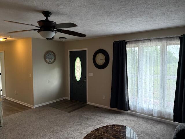 carpeted foyer featuring ceiling fan, baseboards, and a textured ceiling