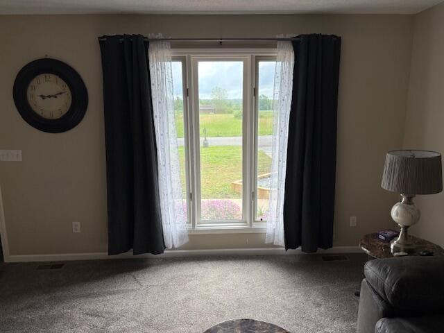 living area with baseboards and carpet floors
