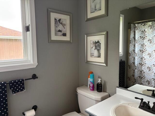 full bath featuring toilet, vanity, and a shower with curtain