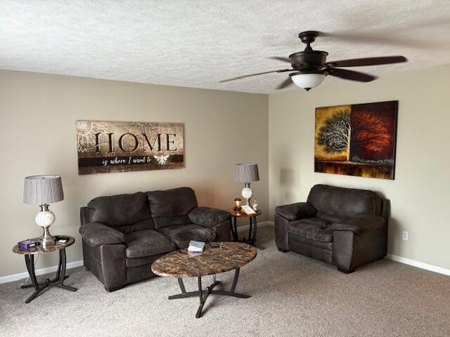 carpeted living room featuring ceiling fan, baseboards, and a textured ceiling