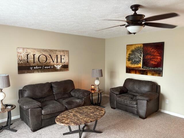 carpeted living room featuring ceiling fan, baseboards, and a textured ceiling