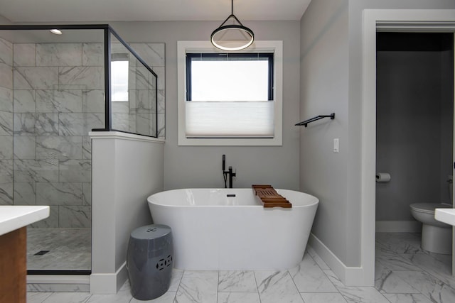 full bath featuring marble look tiles, a tile shower, and a freestanding bath
