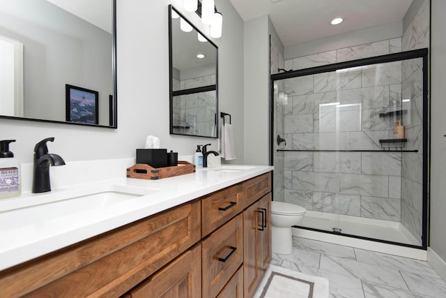 bathroom featuring marble look tiles, a stall shower, double vanity, toilet, and recessed lighting