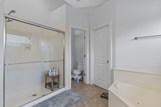 5998 S Parkhaven Ln, Springfield, MO 65810 - full bath with a stall shower, a whirlpool tub, toilet, and tile patterned floors