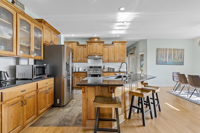 5998 S Parkhaven Ln, Springfield, MO 65810 - kitchen featuring appliances with stainless steel finishes, a sink, under cabinet range hood, backsplash, and recessed lighting