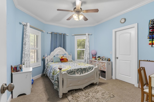 5998 S Parkhaven Ln, Springfield, MO 65810 - bedroom with light colored carpet, ornamental molding, and a ceiling fan