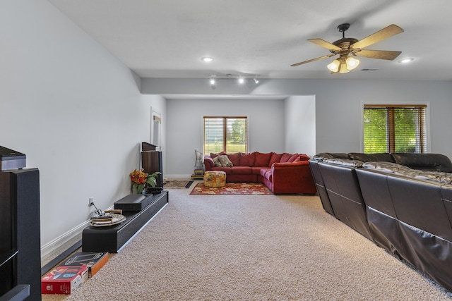 5998 S Parkhaven Ln, Springfield, MO 65810 - carpeted living area featuring ceiling fan, recessed lighting, and baseboards