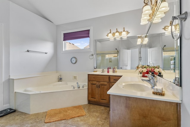 5998 S Parkhaven Ln, Springfield, MO 65810 - full bath featuring a garden tub, vanity, a stall shower, and tile patterned floors