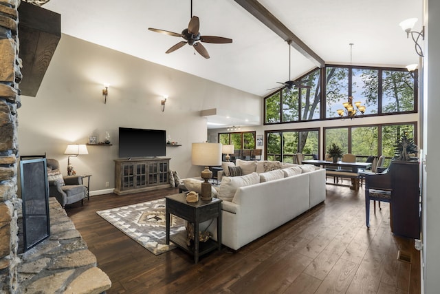 1294 Acacia Club Rd, Hollister, MO 65672 - living room featuring a ceiling fan, high vaulted ceiling, dark wood-style floors, beamed ceiling, and baseboards