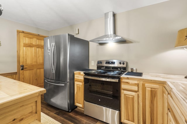 1294 Acacia Club Rd, Hollister, MO 65672 - kitchen with stainless steel appliances, wall chimney range hood, butcher block counters, and dark wood-style flooring