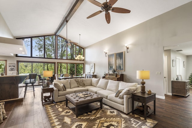 1294 Acacia Club Rd, Hollister, MO 65672 - living area featuring high vaulted ceiling, a ceiling fan, dark wood-style flooring, baseboards, and beam ceiling