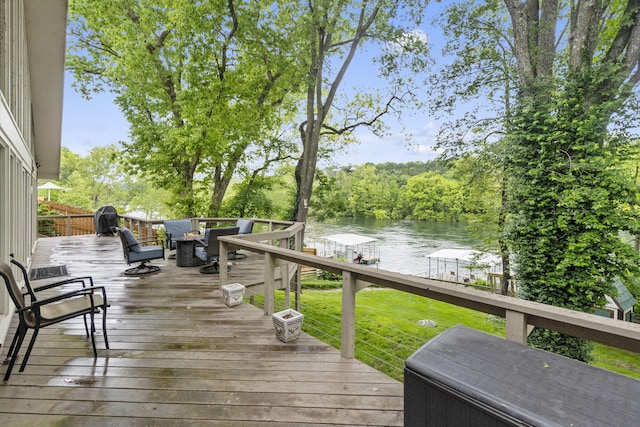 1294 Acacia Club Rd, Hollister, MO 65672 - wooden terrace featuring a water view and a yard