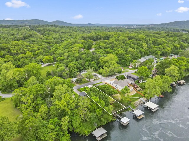 1294 Acacia Club Rd, Hollister, MO 65672 - aerial view of property and surrounding area with a heavily wooded area, a nearby body of water, and property parcel outlined