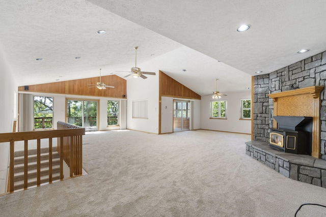 170 Sundance Rd, Cape Fair, MO 65624 - unfurnished living room featuring carpet, a ceiling fan, a textured ceiling, high vaulted ceiling, and recessed lighting