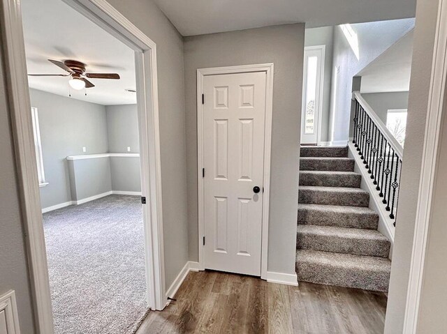 1712 S Jackson St, El Dorado Springs, MO 64744 - stairway with ceiling fan, baseboards, and wood finished floors