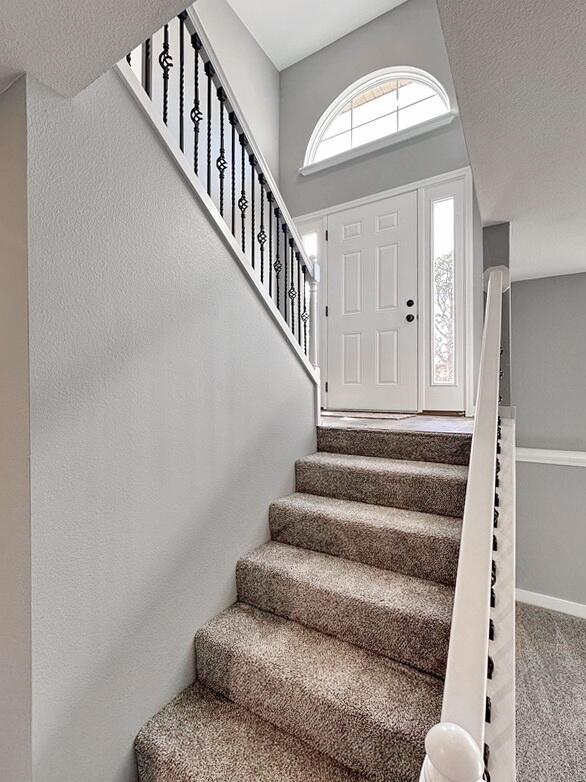 1712 S Jackson St, El Dorado Springs, MO 64744 - staircase with carpet flooring